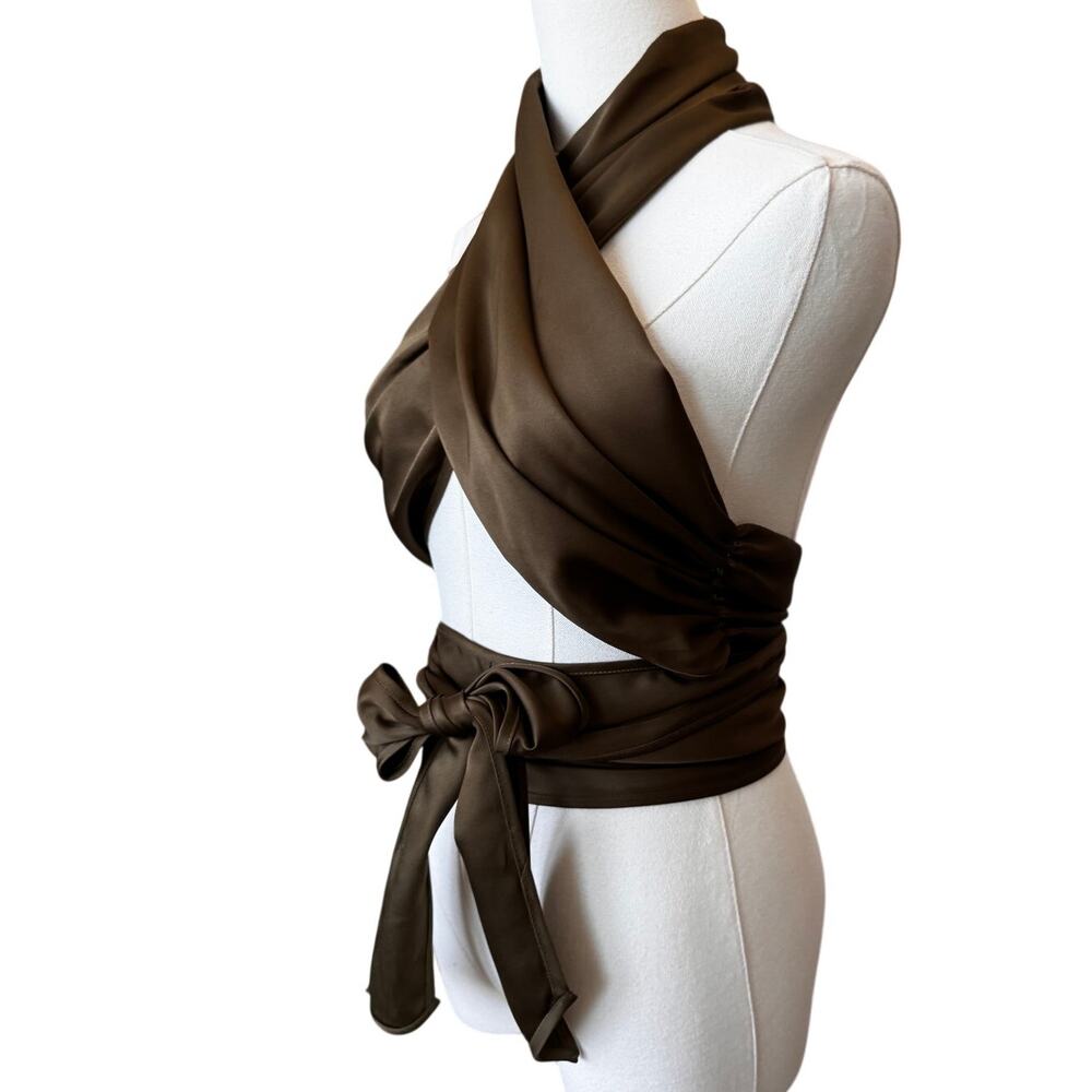 New REVOLVE LPA Women's Taupe Criss Cross Cropped Gathered Wrap 532 Top Size L - Picture 7 of 10